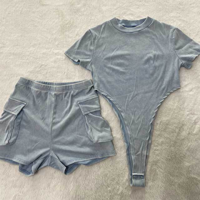 Washed Distressed Bodysuit Cargo Short Set