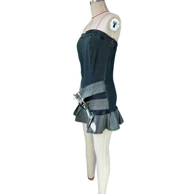 Buckle Strap Denim Strapless Pleated Dress