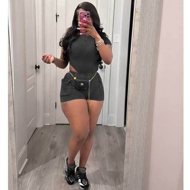 Washed Distressed Bodysuit Cargo Short Set