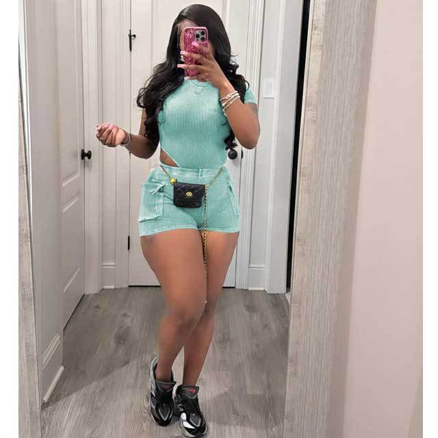Washed Distressed Bodysuit Cargo Short Set