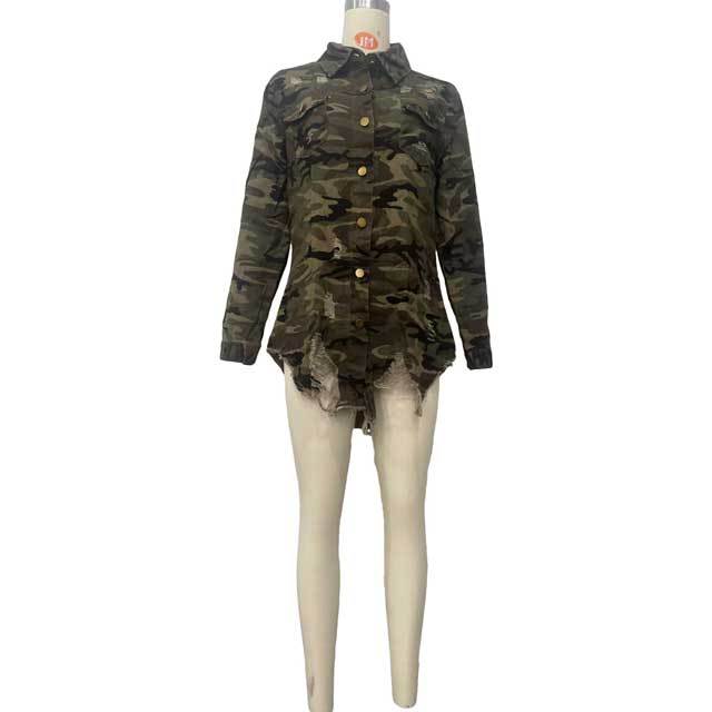 Camo Print Ripped Shirt Jacket