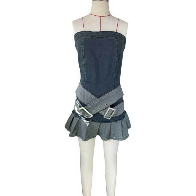 Buckle Strap Denim Strapless Pleated Dress