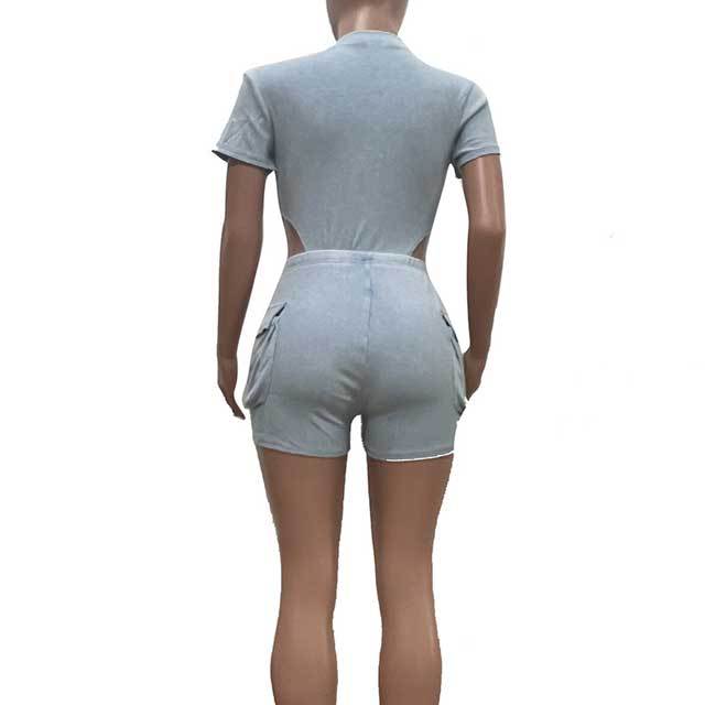 Washed Distressed Bodysuit Cargo Short Set