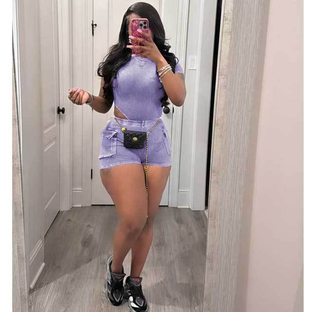 Washed Distressed Bodysuit Cargo Short Set