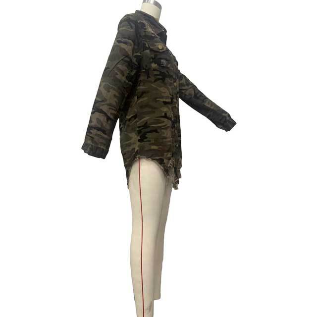 Camo Print Ripped Shirt Jacket
