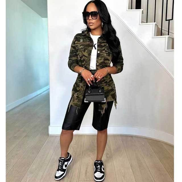 Camo Print Ripped Shirt Jacket