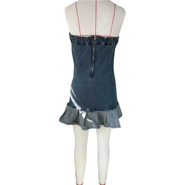 Buckle Strap Denim Strapless Pleated Dress