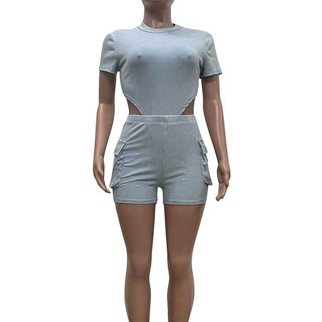 Washed Distressed Bodysuit Cargo Short Set