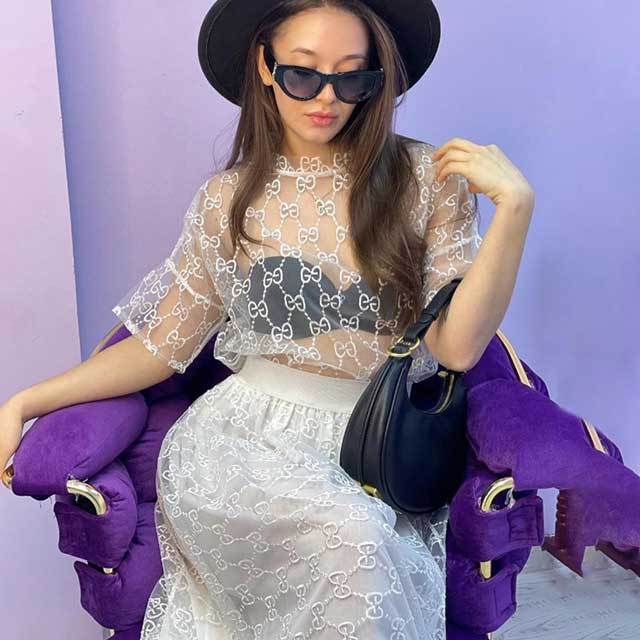 Mesh Short Sleeve Top Skirt Set