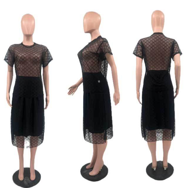 Mesh Short Sleeve Top Skirt Set