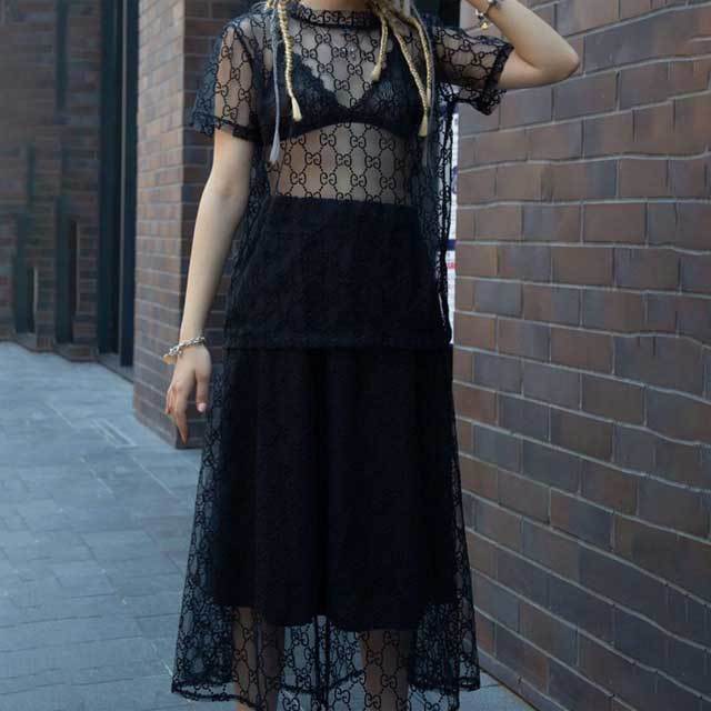 Mesh Short Sleeve Top Skirt Set