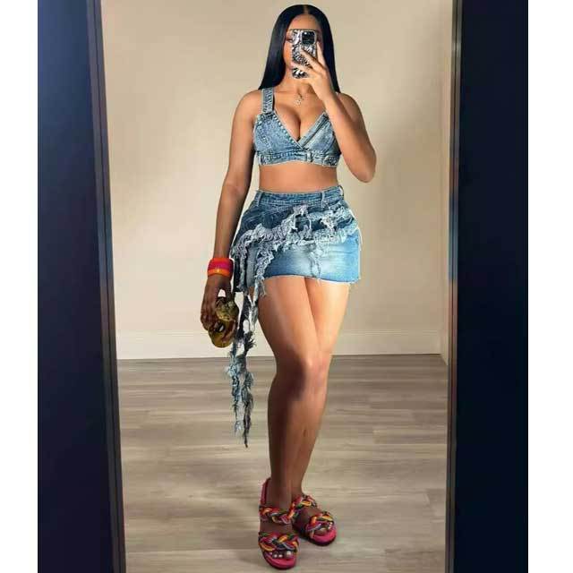 Denim Bra Top Tassel Skirt Set