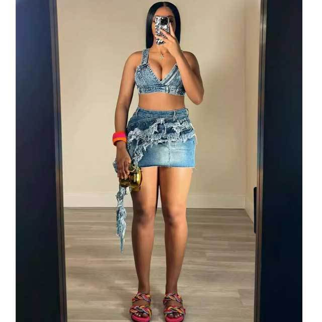 Denim Bra Top Tassel Skirt Set