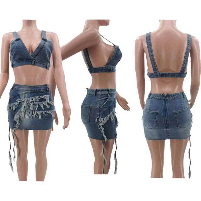 Denim Bra Top Tassel Skirt Set