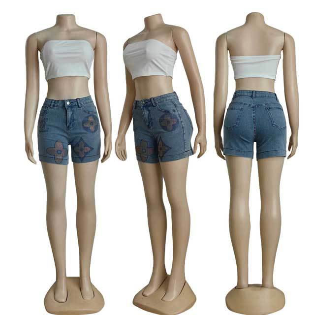 Rhinestones Fitted Denim Shorts
