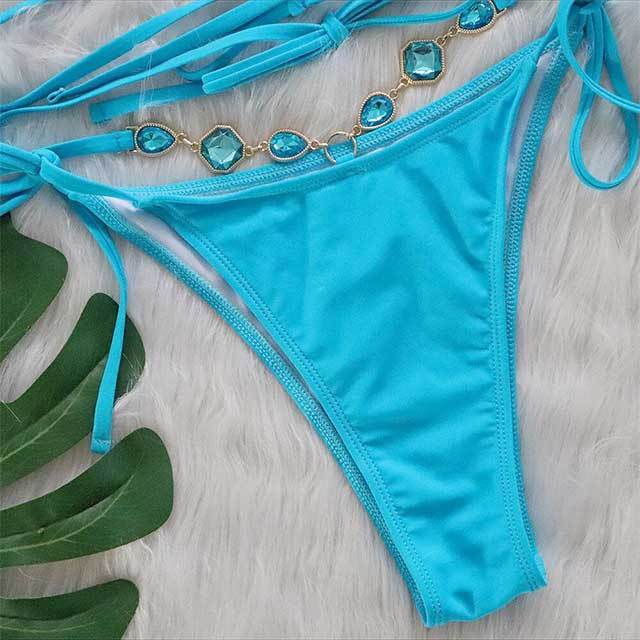 Crystal Diamond Halter Neck Cross Straps Bikinis Set