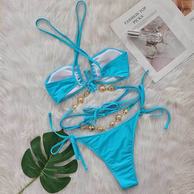 Crystal Diamond Halter Neck Cross Straps Bikinis Set