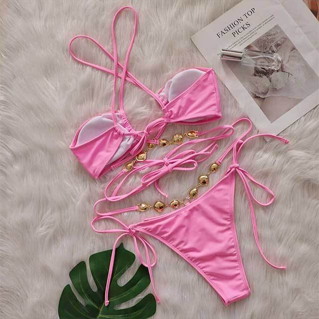 Crystal Diamond Halter Neck Cross Straps Bikinis Set