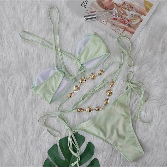 Crystal Diamond Halter Neck Cross Straps Bikinis Set
