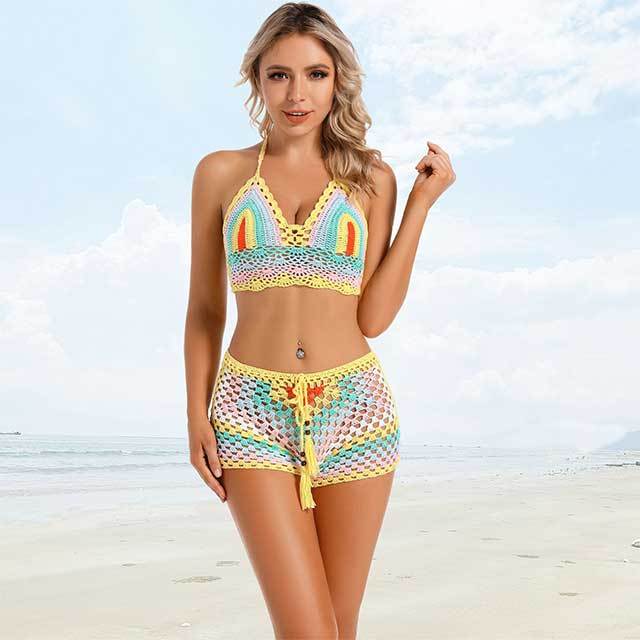 Multi Color Crochet Beachwear Swimming Short Set