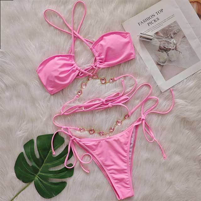 Crystal Diamond Halter Neck Cross Straps Bikinis Set