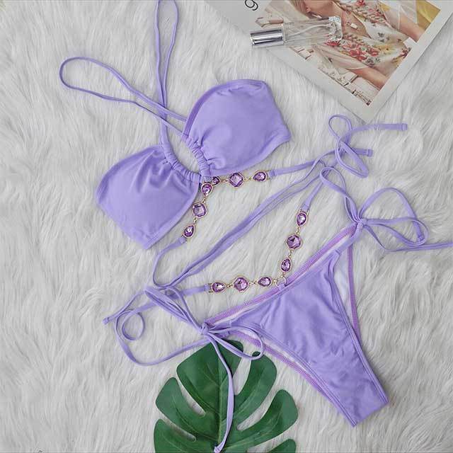 Crystal Diamond Halter Neck Cross Straps Bikinis Set