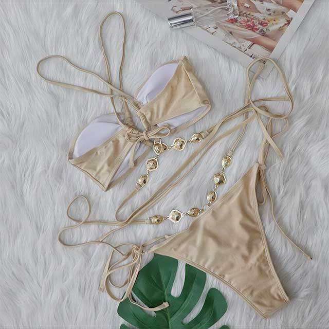Crystal Diamond Halter Neck Cross Straps Bikinis Set