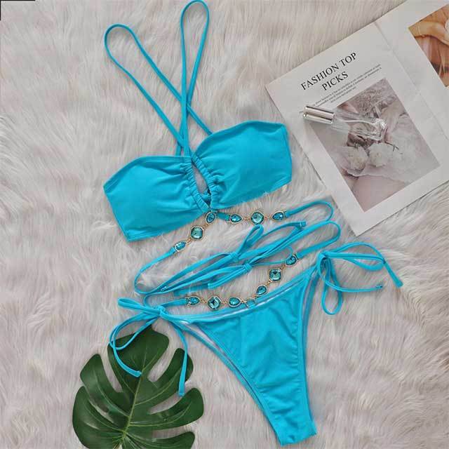 Crystal Diamond Halter Neck Cross Straps Bikinis Set