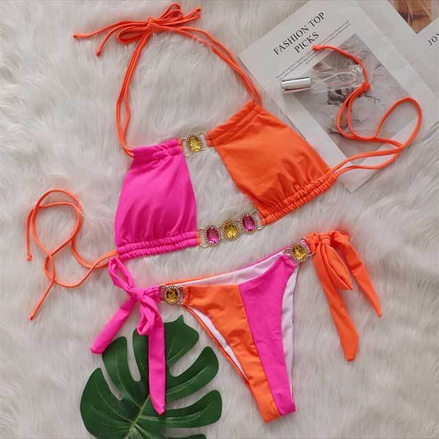 Crystal Diamond Patchwork Style Laced Bikinis Set