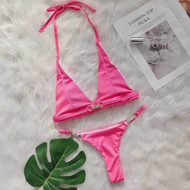 Deep V Neck Halter Two Pieces Bikinis Set