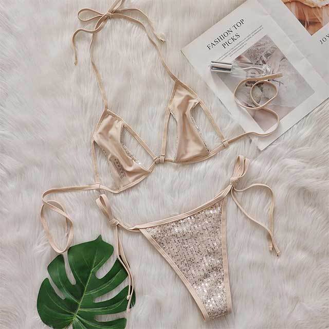 Sequined Hollow Out Strappy Bikinis Set