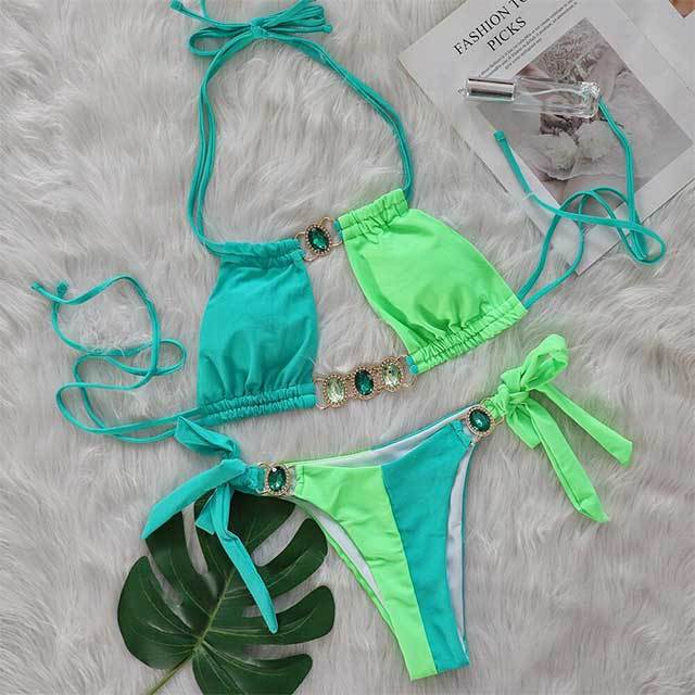 Crystal Diamond Patchwork Style Laced Bikinis Set