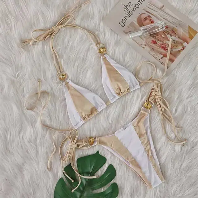 Patchwork Style Diamond Strappy Bikinis Set