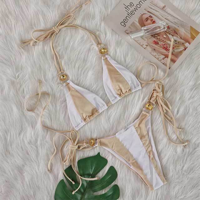 Patchwork Style Diamond Strappy Bikinis Set