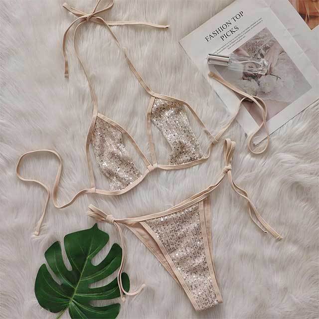 Sequined Hollow Out Strappy Bikinis Set