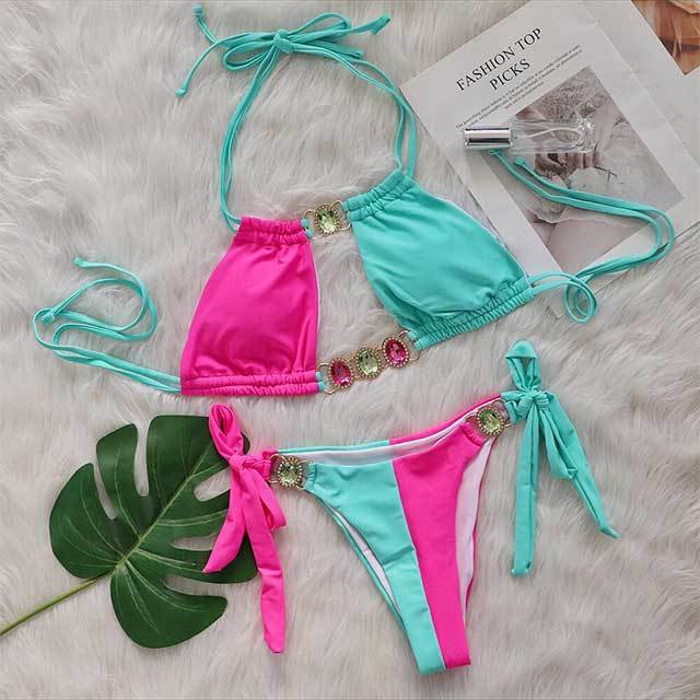 Crystal Diamond Patchwork Style Laced Bikinis Set