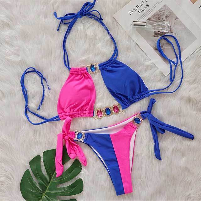 Crystal Diamond Patchwork Style Laced Bikinis Set