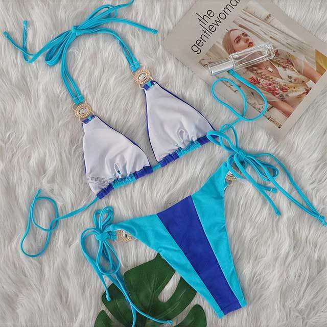 Patchwork Style Diamond Strappy Bikinis Set