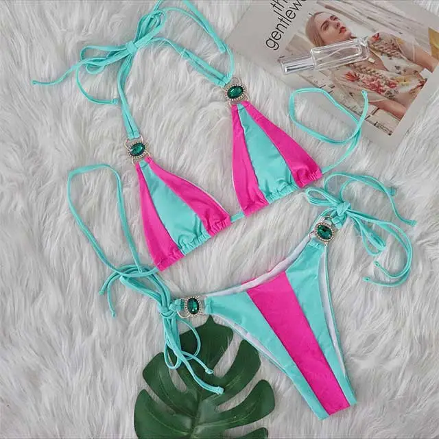 Patchwork Style Diamond Strappy Bikinis Set