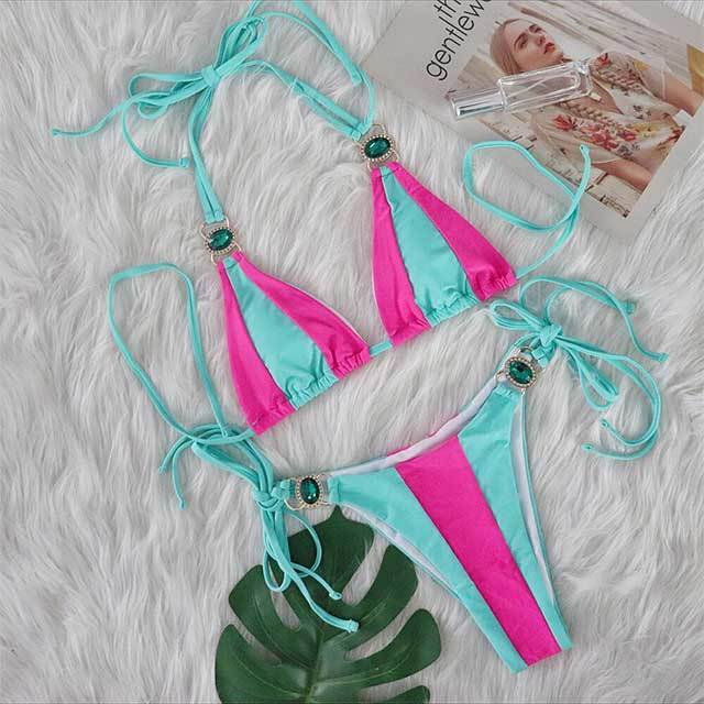Patchwork Style Diamond Strappy Bikinis Set