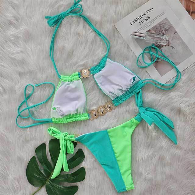 Crystal Diamond Patchwork Style Laced Bikinis Set