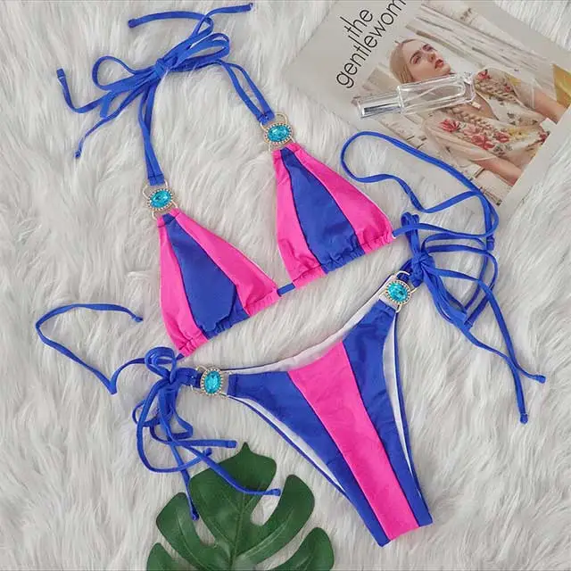 Patchwork Style Diamond Strappy Bikinis Set