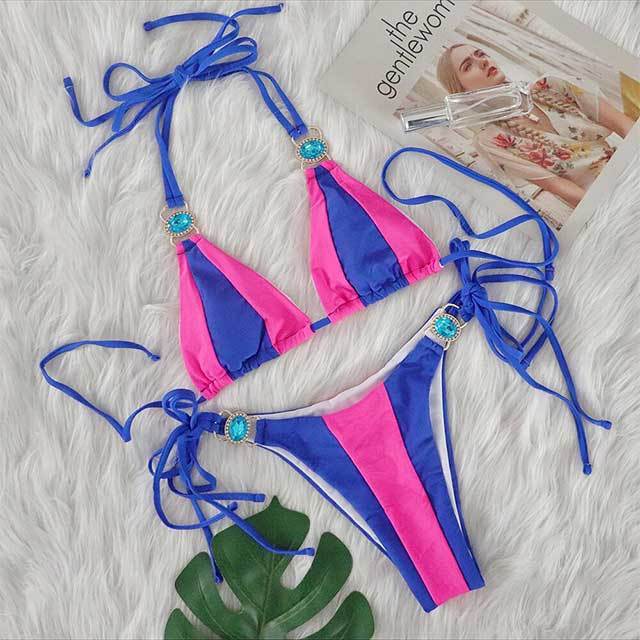 Patchwork Style Diamond Strappy Bikinis Set