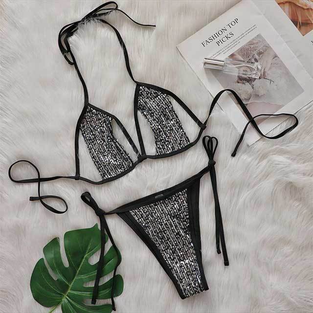 Sequined Hollow Out Strappy Bikinis Set