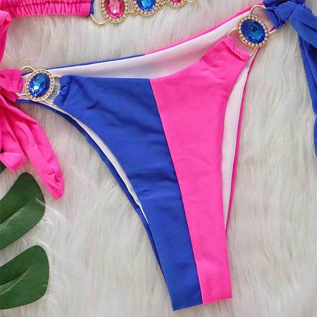 Crystal Diamond Patchwork Style Laced Bikinis Set