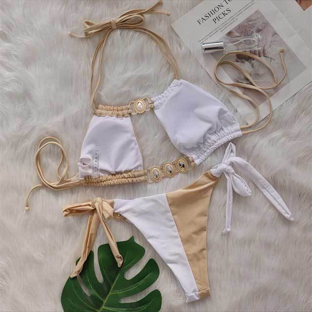 Crystal Diamond Patchwork Style Laced Bikinis Set