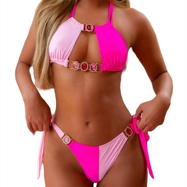 Crystal Diamond Patchwork Style Laced Bikinis Set