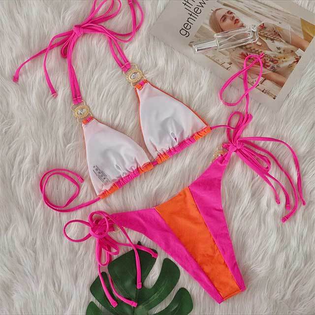 Patchwork Style Diamond Strappy Bikinis Set