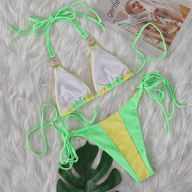 Patchwork Style Diamond Strappy Bikinis Set