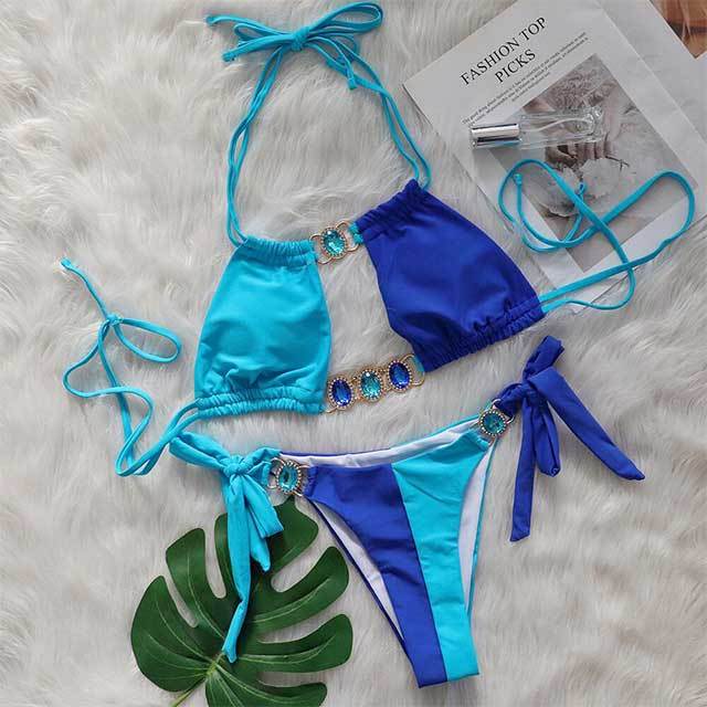Crystal Diamond Patchwork Style Laced Bikinis Set